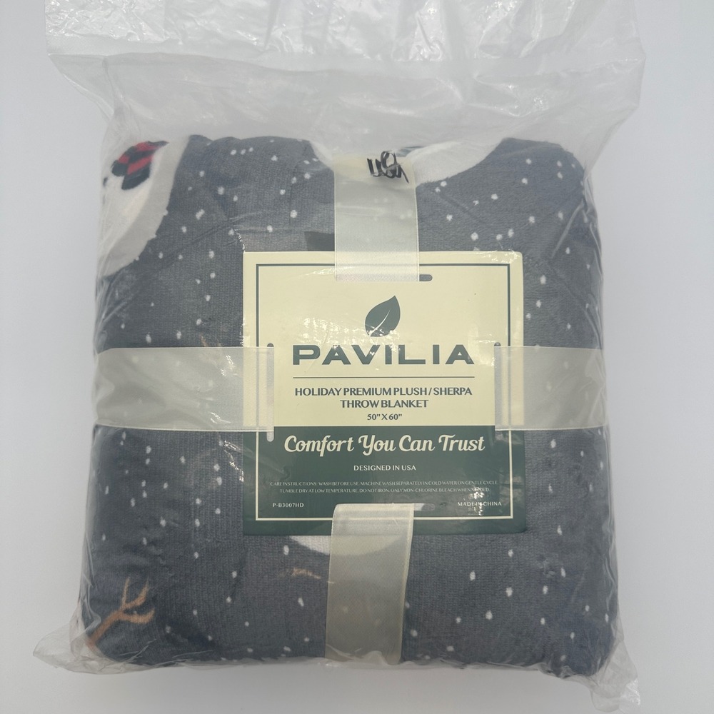 New Holiday Plush Sherpa Throw Blanket Snowman Christmas Grey 50x60 Pavilia
